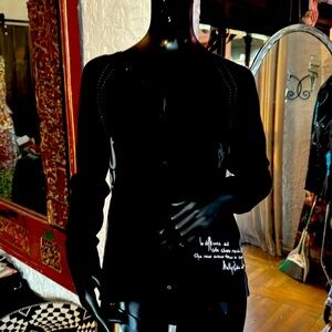 V neck black sweater cardigan with French graffiti